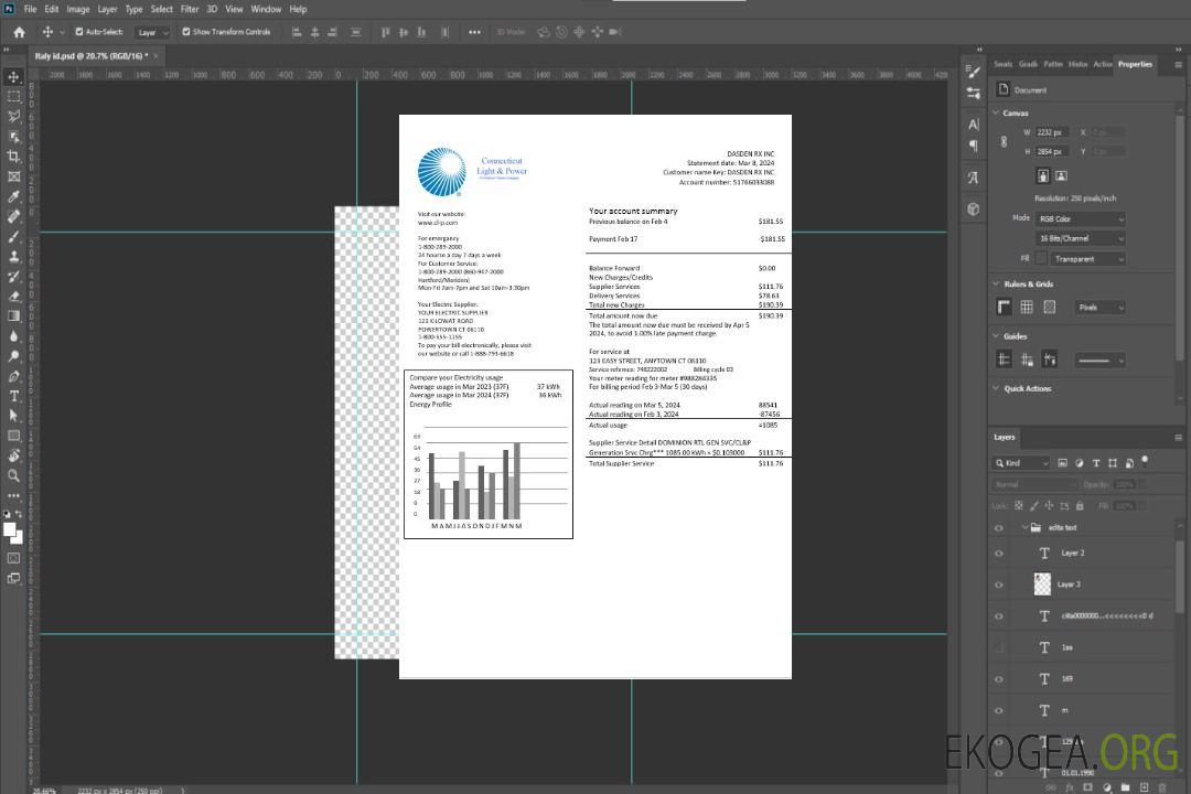 USA Connecticut Light & Power facture de services publics d'électricité aux formats Word et PDF template